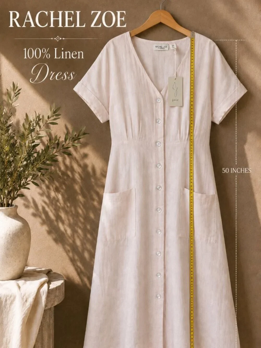 Rachel Zoe 100% Linen Button Front Midi Maxi Dress L Blush Pink Pockets NWT 50” - Picture 15 of 15